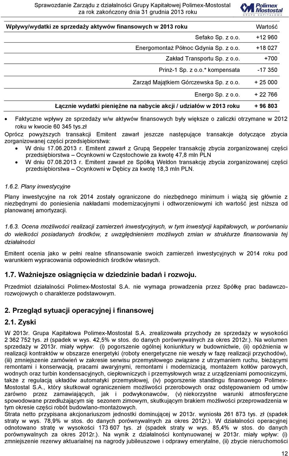 otrzymane w 2012 roku w kwocie 60 345 tys.zł Oprócz powyższych transakcji Emitent zawarł jeszcze następujące transakcje dotyczące zbycia zorganizowanej części przedsiębiorstwa: W dniu 17.06.2013 r.