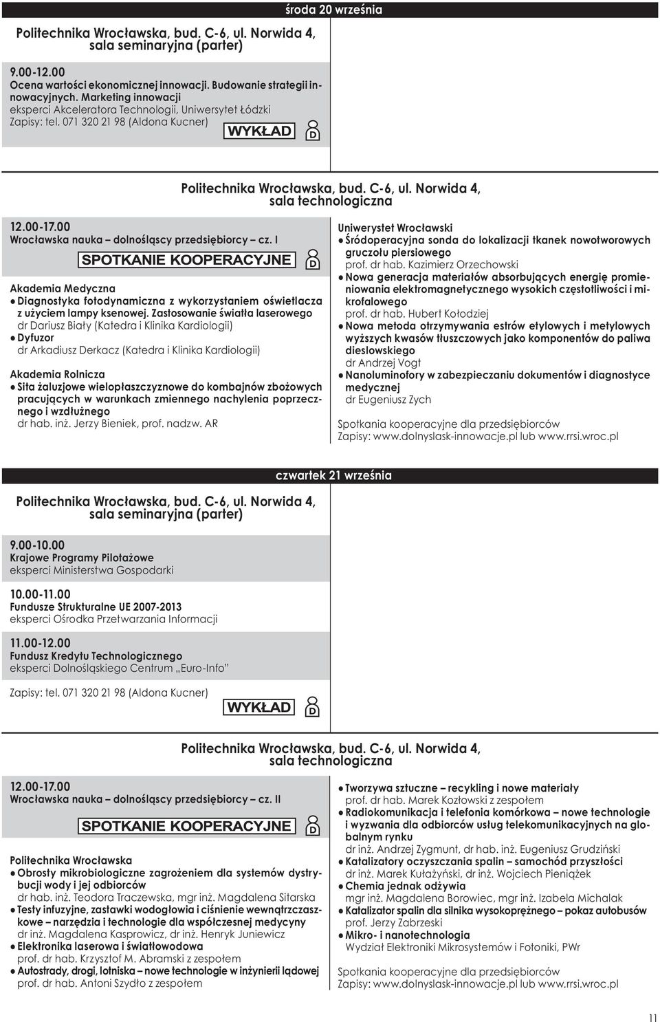 Norwida 4, sala technologiczna 12.00-17.00 Wrocławska nauka dolnośląscy przedsiębiorcy cz. I Akademia Medyczna Diagnostyka fotodynamiczna z wykorzystaniem oświetlacza z użyciem lampy ksenowej.