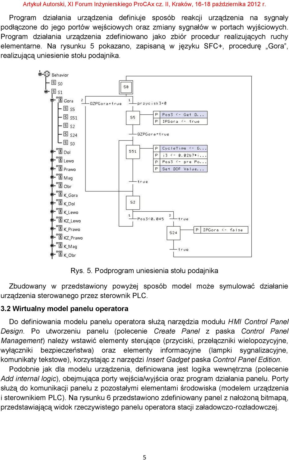 Rys. 5. Podprogram uniesienia stołu podajnika Zbudowany w przedstawiony powyżej sposób model może symulować działanie urządzenia sterowanego przez sterownik PLC. 3.