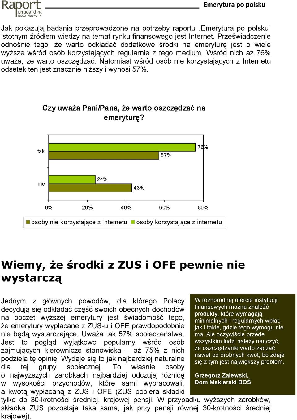 Natomiast wśród osób nie korzystających z Internetu odsetek ten jest znacznie niŝszy i wynosi 57%. Czy uwaŝa Pani/Pana, Ŝe warto oszczędzać na emeryturę?