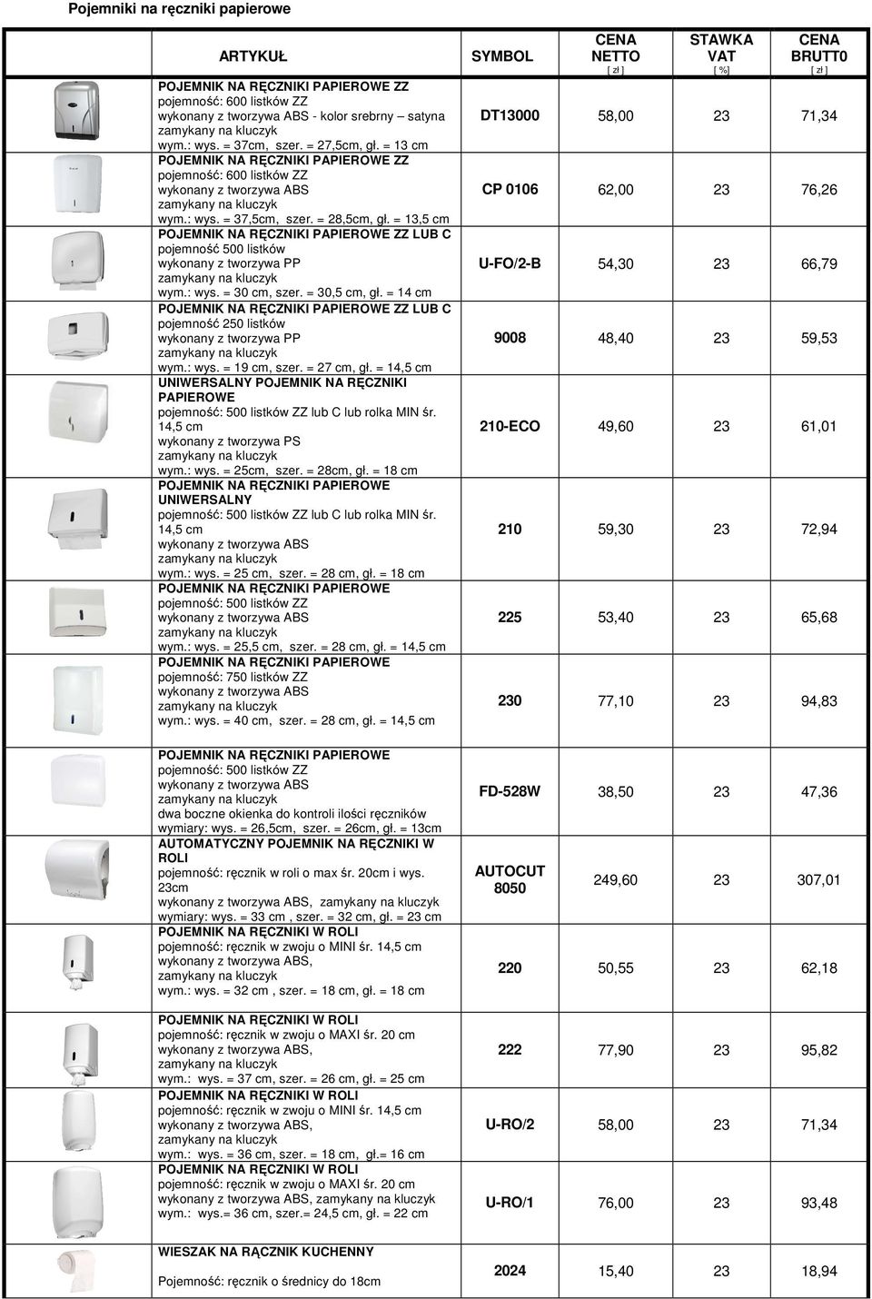 = 27 cm, gł. = 14,5 cm UNIWERSALNY POJEMNIK NA RĘCZNIKI PAPIEROWE pojemność: 500 listków ZZ lub C lub rolka MIN śr. 14,5 cm wykonany z tworzywa PS wym.: wys. = 25cm, szer. = 28cm, gł.