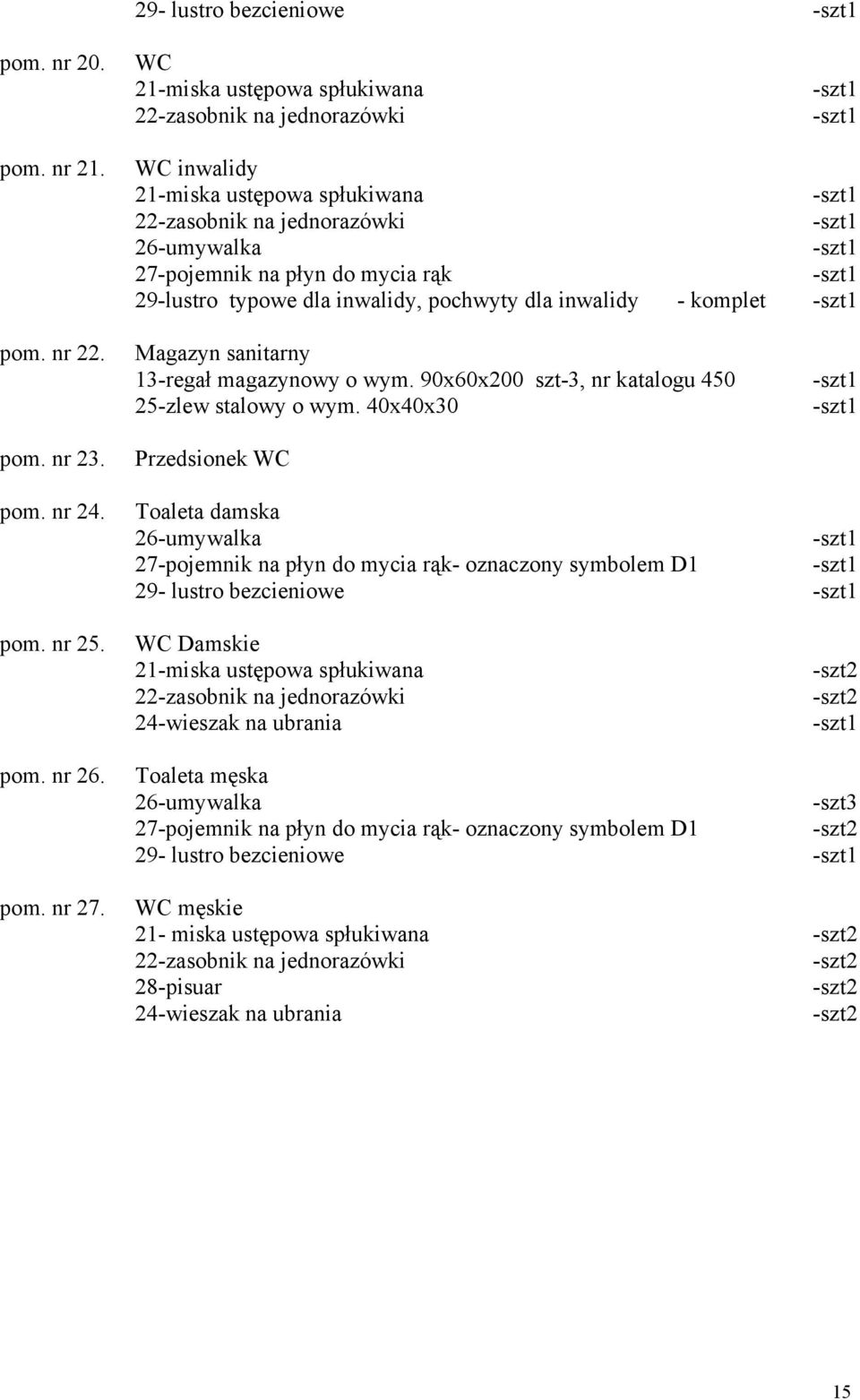 Magazyn sanitarny 13-regał magazynowy o wym. 90x60x200 szt-3, nr katalogu 450 25-zlew stalowy o wym. 40x40x30 Przedsionek WC pom. nr 24.