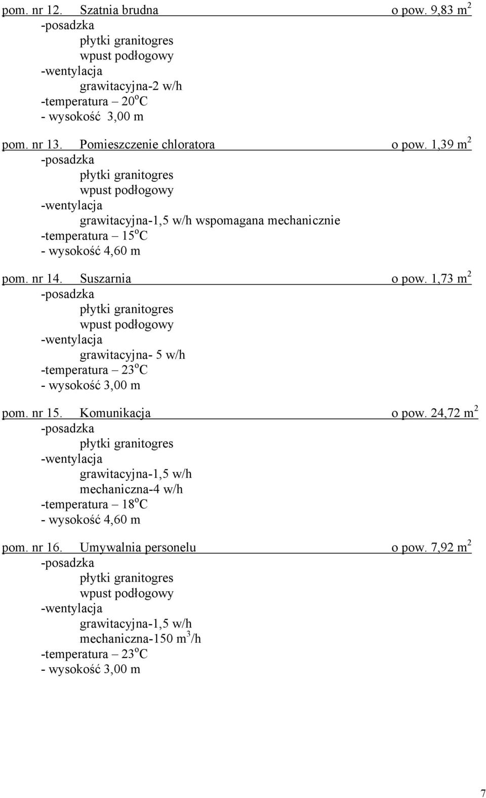 1,73 m 2 grawitacyjna- 5 w/h -temperatura 23 o C pom. nr 15. Komunikacja o pow.