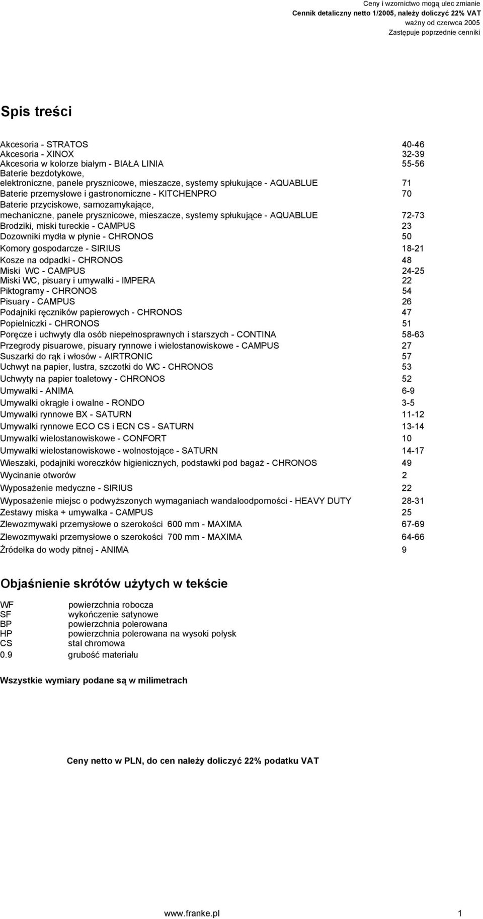 tureckie - CAMPUS 23 Dozowniki myd a w p ynie - CHRONOS 50 Komory gospodarcze - SIRIUS 18-21 Kosze na odpadki - CHRONOS 48 Miski WC - CAMPUS 24-25 Miski WC, pisuary i umywalki - IMPERA 22 Piktogramy