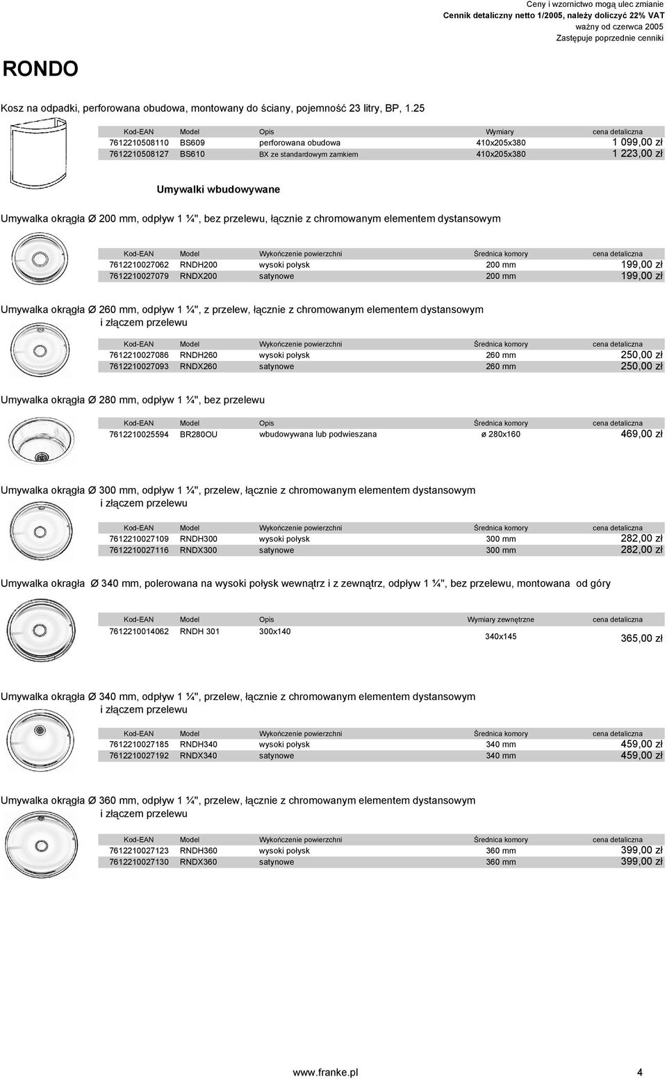 bez przelewu, cznie z chromowanym elementem dystansowym Kod-EAN Model Wyko czenie powierzchni rednica komory cena detaliczna 7612210027062 RNDH200 wysoki po ysk 200 mm 199,00 z 7612210027079 RNDX200