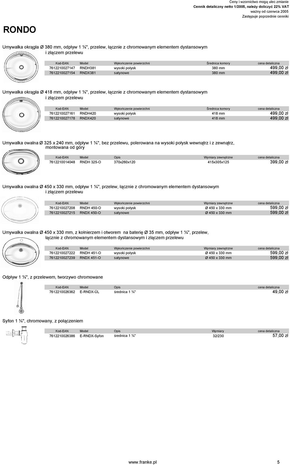 Kod-EAN Model Wyko czenie powierzchni rednica komory cena detaliczna 7612210027161 RNDH420 wysoki po ysk 418 mm 499,00 z 7612210027178 RNDX420 satynowe 418 mm 499,00 z Umywalka owalna Ø 325 x 240 mm,