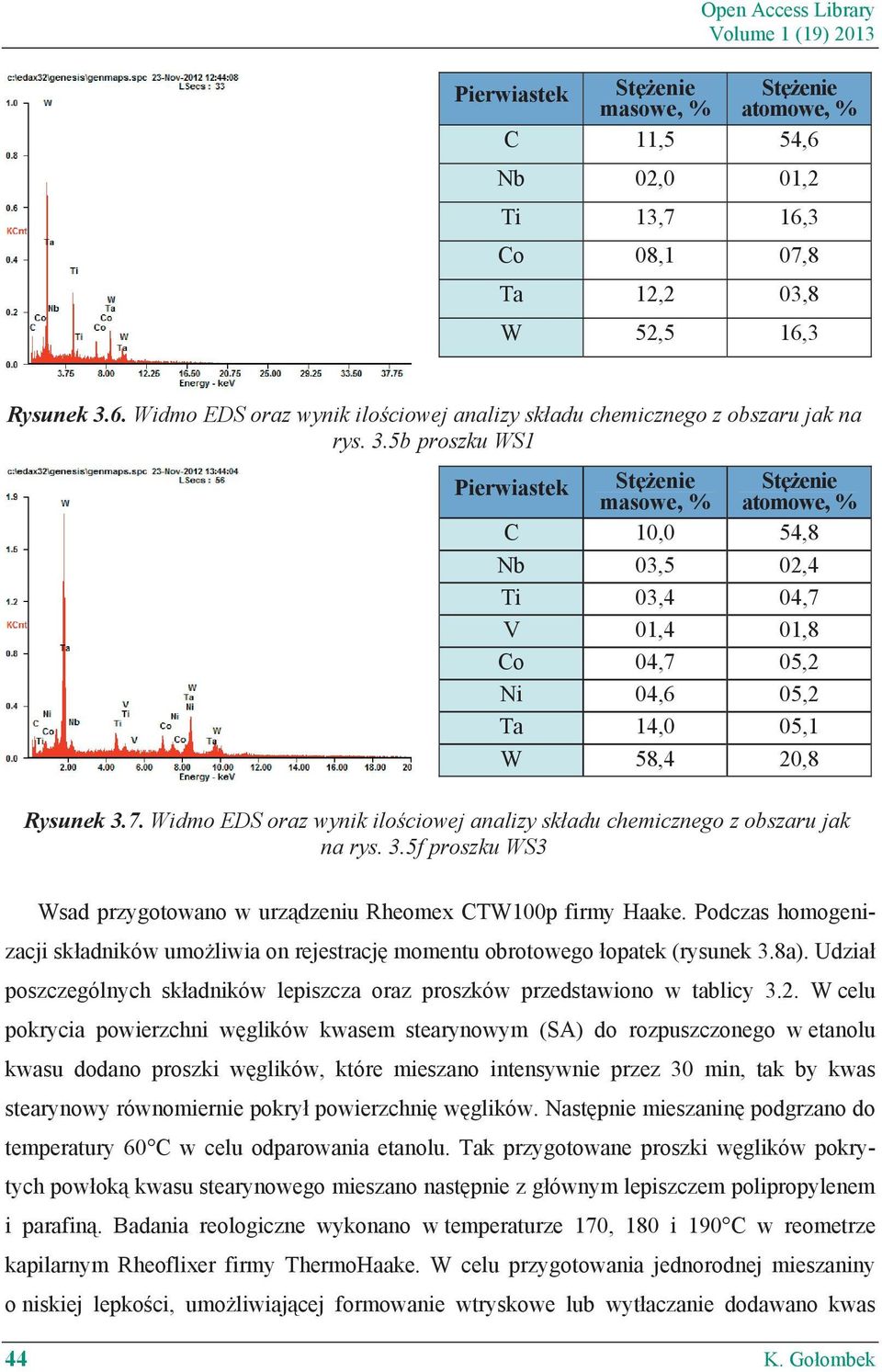 3.5f proszku WS3 Wsad przygotowano w urządzeniu Rheomex CTW100p firmy Haake. Podczas homogenizacji składników umożliwia on rejestrację momentu obrotowego łopatek (rysunek 3.8a).