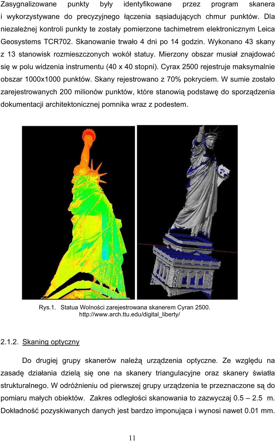 Wykonano 43 skany z 13 stanowisk rozmieszczonych wokó statuy. Mierzony obszar musia znajdowa si w polu widzenia instrumentu (40 x 40 stopni).