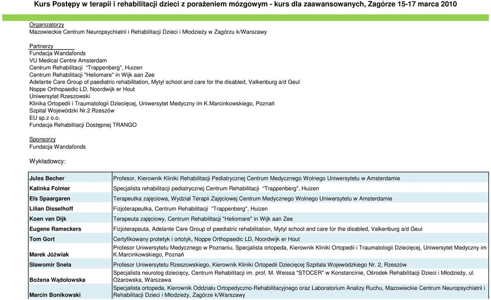 Group of paediatric rehabilitation, Mytyl school and care for the disabled, Valkenburg a/d Geul Noppe Orthopaedic LD, Noordwijk er Hout Uniwersytet Rzeszowski Klinika Ortopedii i Traumatologii