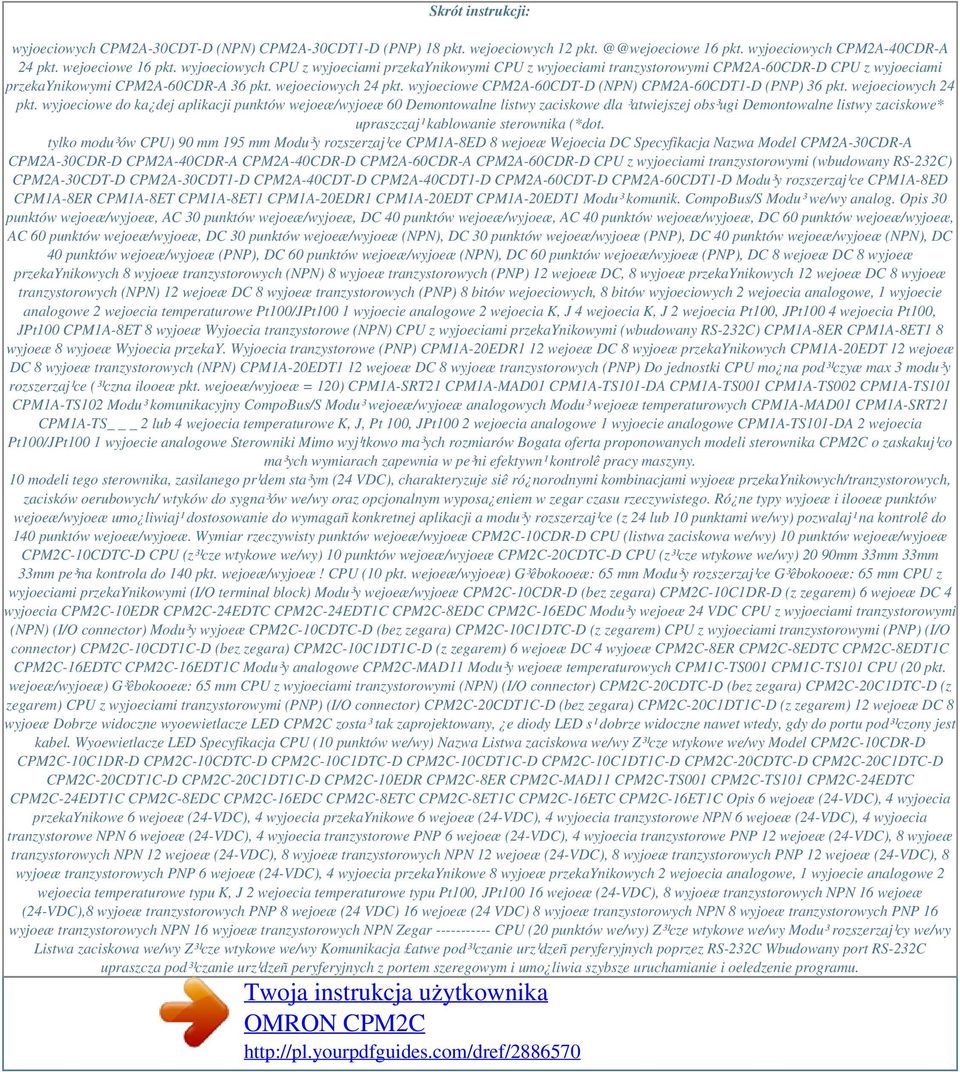 wyjoeciowe CPM2A-60CDT-D (NPN) CPM2A-60CDT1-D (PNP) 36 pkt. wejoeciowych 24 pkt.