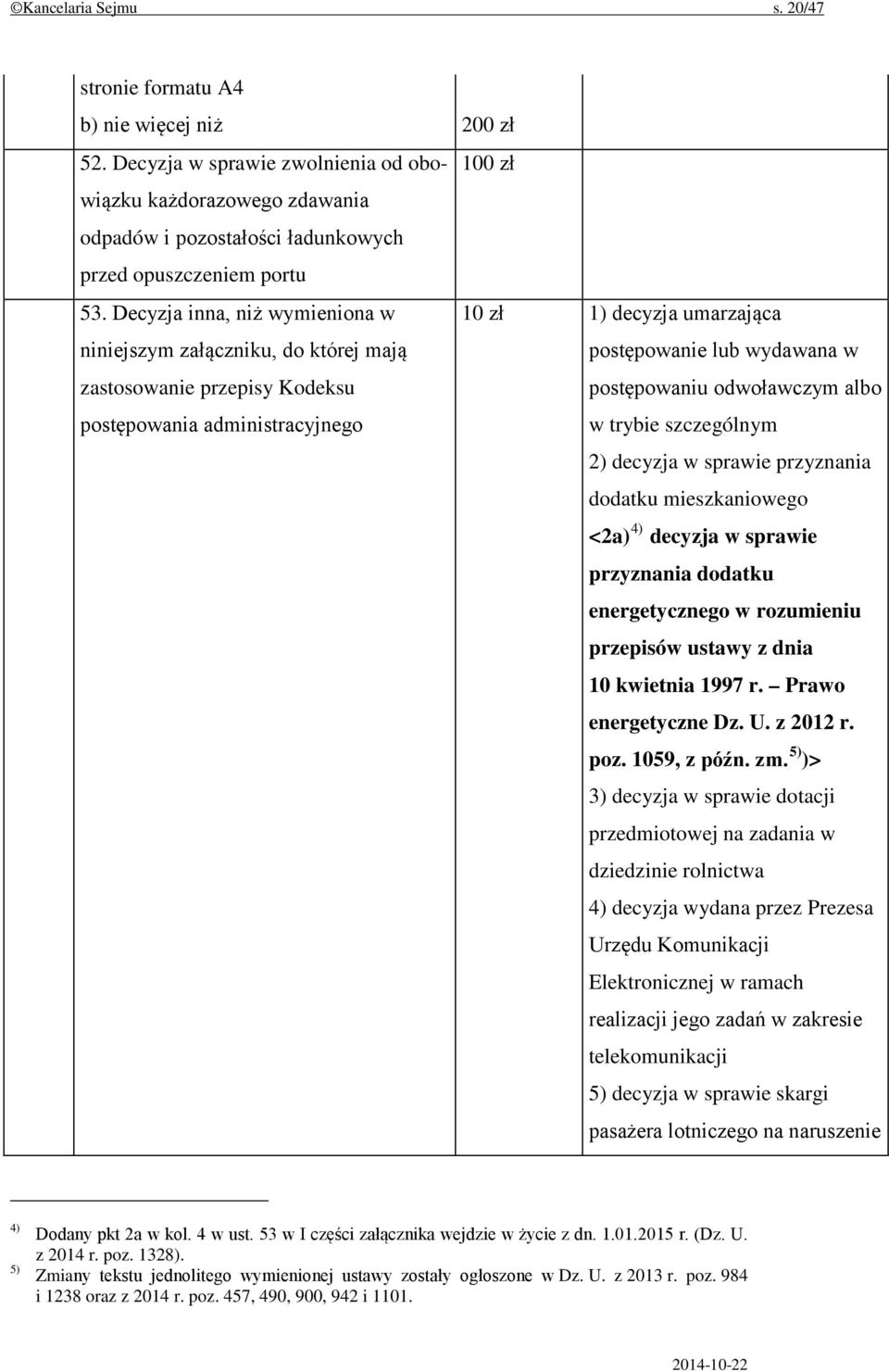 Decyzja inna, niż wymieniona w niniejszym załączniku, do której mają zastosowanie przepisy Kodeksu postępowania administracyjnego 10 zł 1) decyzja umarzająca postępowanie lub wydawana w postępowaniu