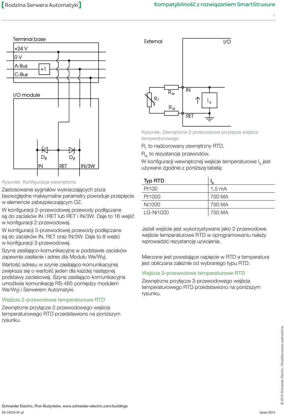 W konfiguracji wewnętrznej wejście temperaturowe I S jest używane zgodnie z poniższą tabelą: In In the the internal internal configuration of of the the temperature input, I S is used to the table.