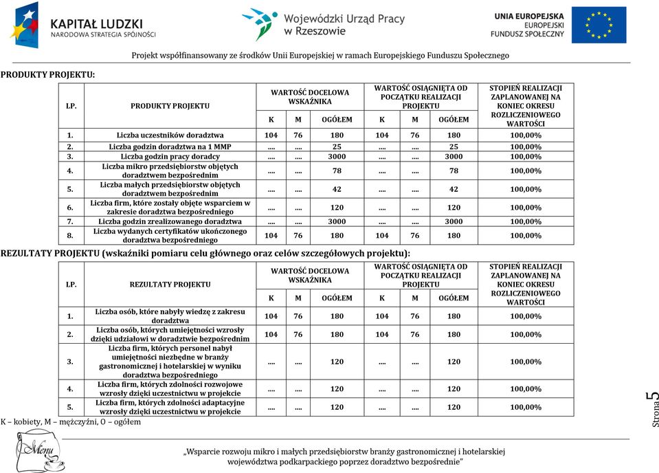 Liczba uczestników doradztwa 104 76 180 104 76 180 100,00% 2. Liczba godzin doradztwa na 1 MMP.. 25.. 25 100,00% 3. Liczba godzin pracy doradcy.. 3000.. 3000 100,00% 4.