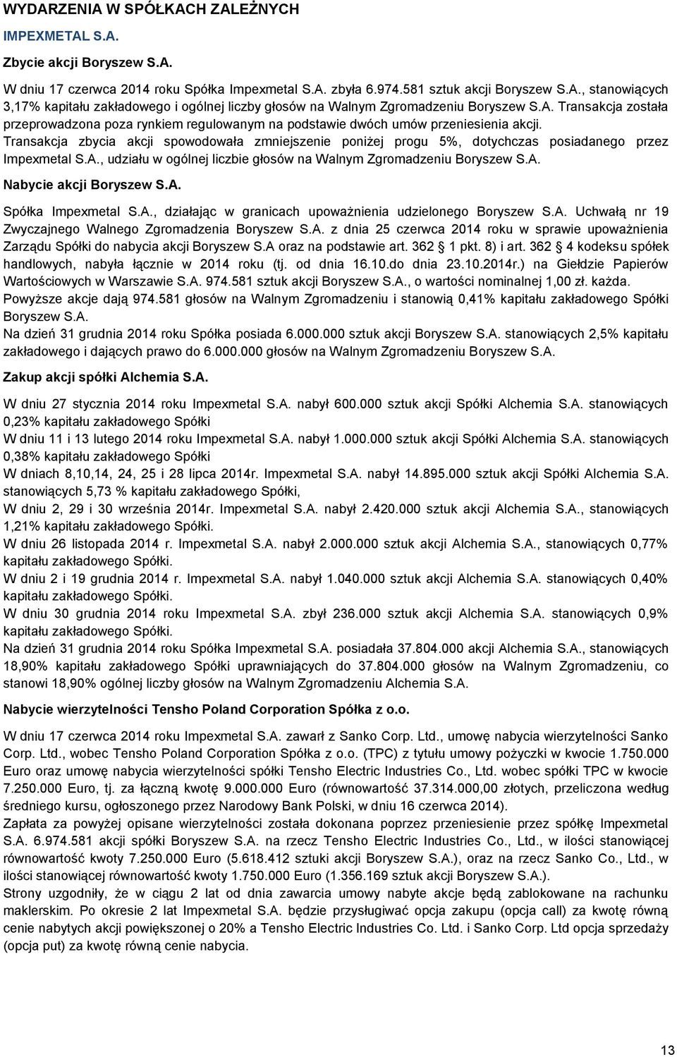 Transakcja zbycia akcji spowodowała zmniejszenie poniżej progu 5%, dotychczas posiadanego przez Impexmetal S.A., udziału w ogólnej liczbie głosów na Walnym Zgromadzeniu Boryszew S.A. Nabycie akcji Boryszew S.