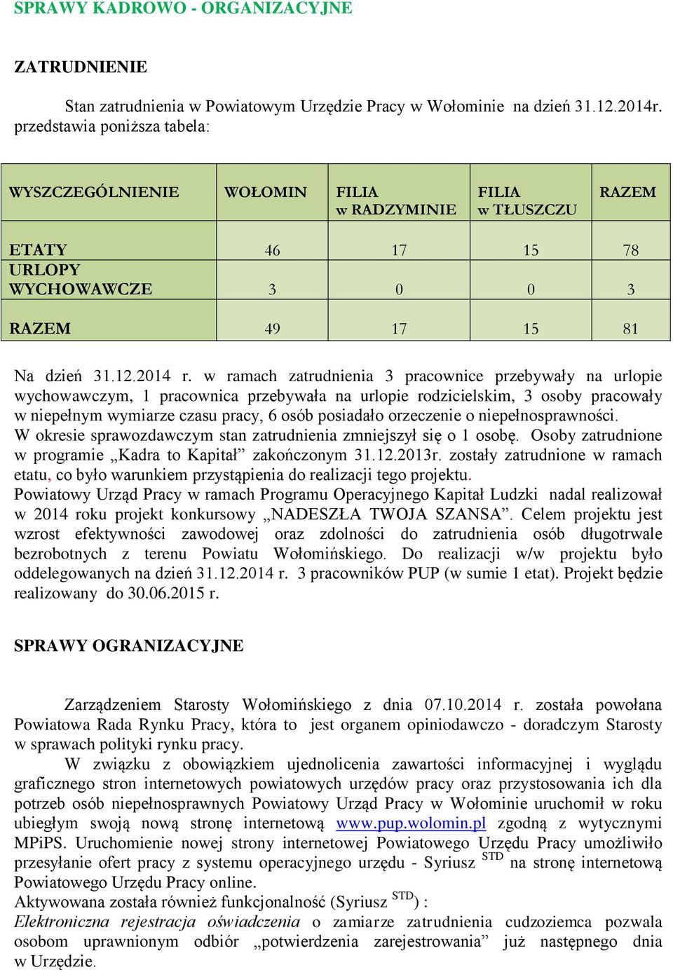 w ramach zatrudnienia 3 pracownice przebywały na urlopie wychowawczym, 1 pracownica przebywała na urlopie rodzicielskim, 3 osoby pracowały w niepełnym wymiarze czasu pracy, 6 osób posiadało