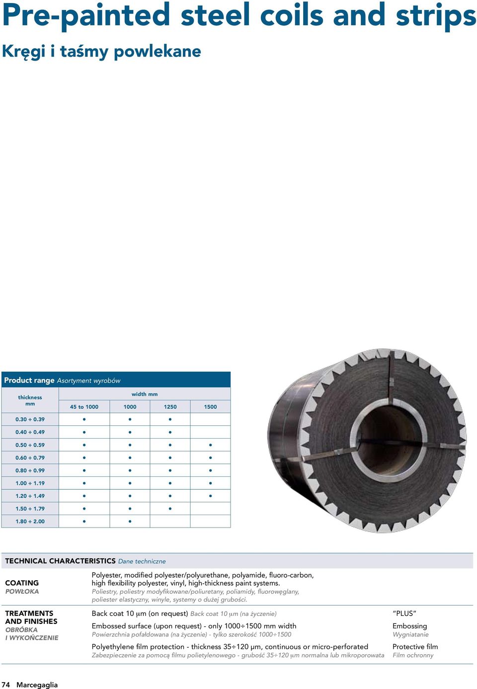 00 TEChNICL CHRCTERISTICS Dane techniczne COTING Powłoka TRETMENTS ND FINISHES ORÓK I WYKOŃCZENIE Polyester, modified /polyurethane, polyamide, fluoro-carbon, high flexibility, vinyl, high-thickness