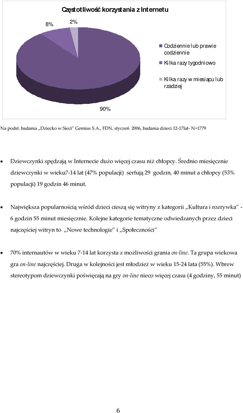 Úrednio miesiêcznie dziewczynki w wieku7-14 lat (47% populacji) serfuj¹ 29 godzin, 40 minut a chùopcy (53% populacji) 19 godzin 46 minut.