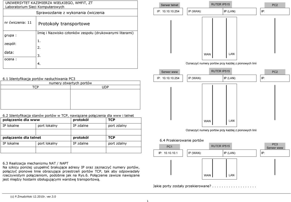 2 Identyfikacja stanów portów w TCP, nawiązane połączenia dla www i telnet połączenie dla www protokół TCP IP lokalne port lokalny IP zdalne port zdalny połączenie dla telnet protokół TCP IP lokalne