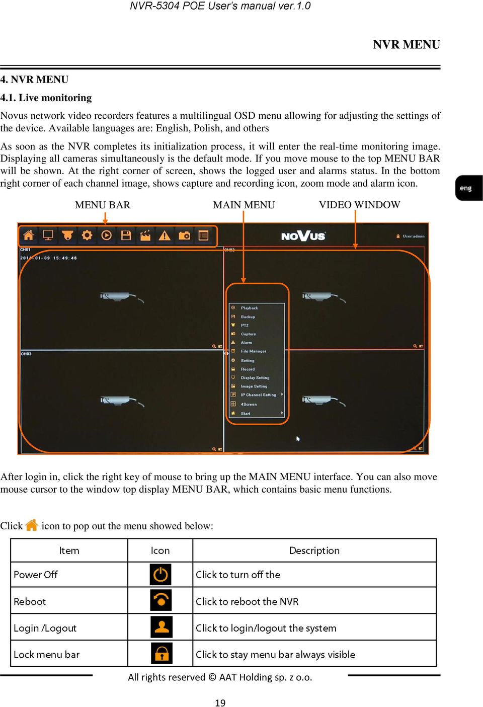 Displaying all cameras simultaneously is the default mode. If you move mouse to the top MENU BAR will be shown. At the right corner of screen, shows the logged user and alarms status.