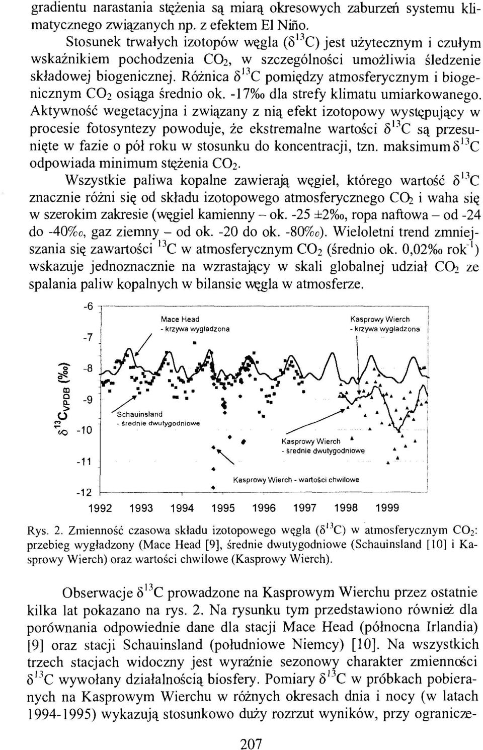 Różnica 8 13 C pomiędzy atmosferycznym i biogenicznym CO 2 osiąga średnio ok. -17%o dla strefy klimatu umiarkowanego.