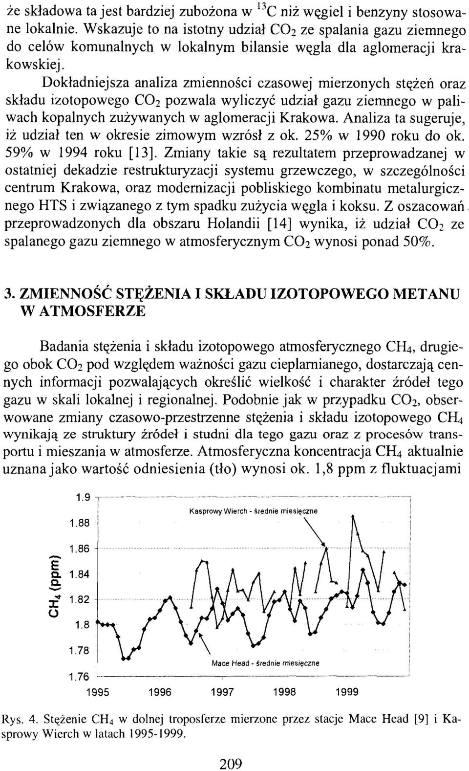 Dokładniejsza analiza zmienności czasowej mierzonych stężeń oraz składu izotopowego CC>2 pozwala wyliczyć udział gazu ziemnego w paliwach kopalnych zużywanych w aglomeracji Krakowa.