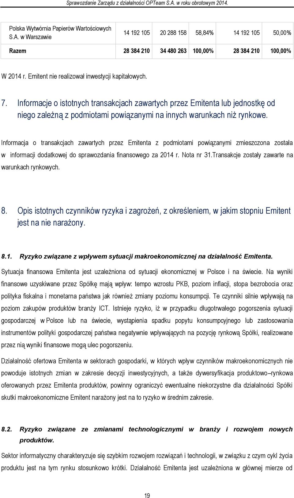 Informacja o transakcjach zawartych przez Emitenta z podmiotami powiązanymi zmieszczona została w informacji dodatkowej do sprawozdania finansowego za 2014 r. Nota nr 31.