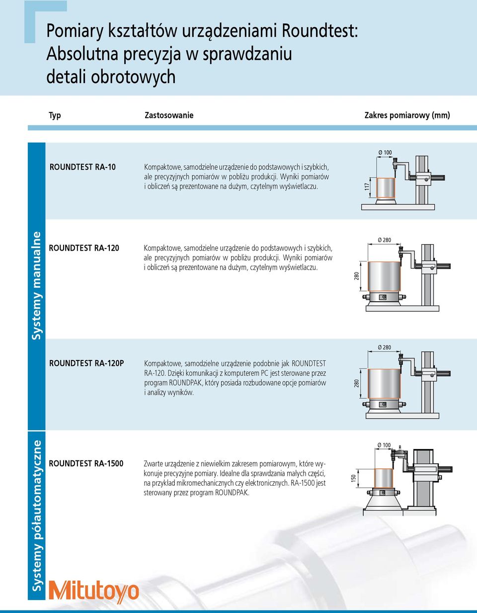 117 Systemy manualne ROUNDTEST RA-120 Kompaktowe, samodzielne urządzenie do  280 Ø 280 Ø 280 ROUNDTEST RA-120P Kompaktowe, samodzielne urządzenie podobnie jak ROUNDTEST RA-120.