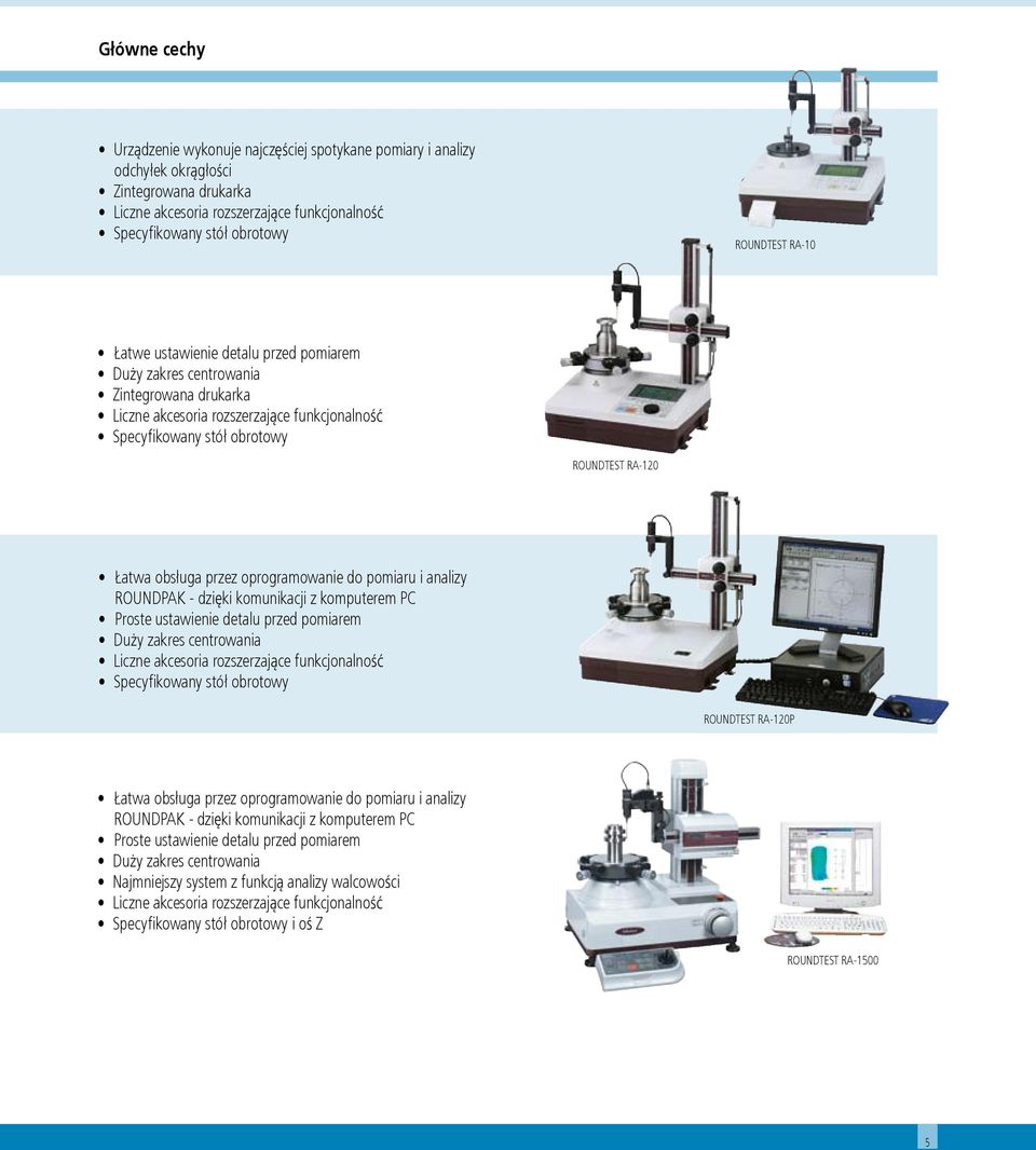 przez oprogramowanie do pomiaru i analizy ROUNDPAK - dzięki komunikacji z komputerem PC Proste ustawienie detalu przed pomiarem Duży zakres centrowania Liczne akcesoria rozszerzające funkcjonalność