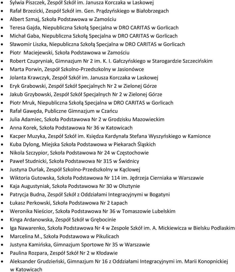 w Gorlicach Sławomir Liszka, Niepubliczna Szkołą Specjalna w DRO CARITAS w Gorlicach Piotr Maciejewski, Szkoła Podstawowa w Zamościu Robert Czupryniak, Gimnazjum Nr 2 im. K. I.