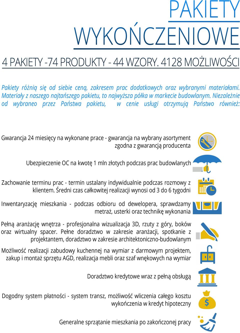 Ubezpieczenie OC na kwotę 1 mln złotych podczas prac budowlanych Zachowanie terminu prac - termin ustalany indywidualnie podczas rozmowy z klientem.