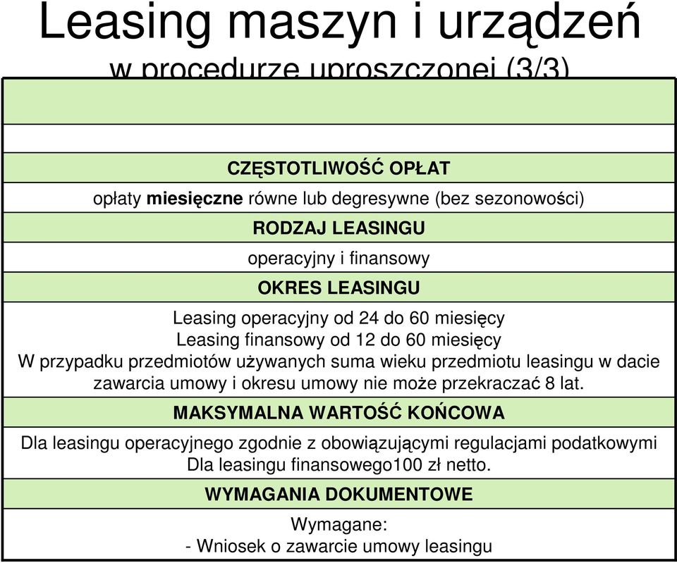 suma wieku przedmiotu leasingu w dacie zawarcia umowy i okresu umowy nie moŝe przekraczać 8 lat.