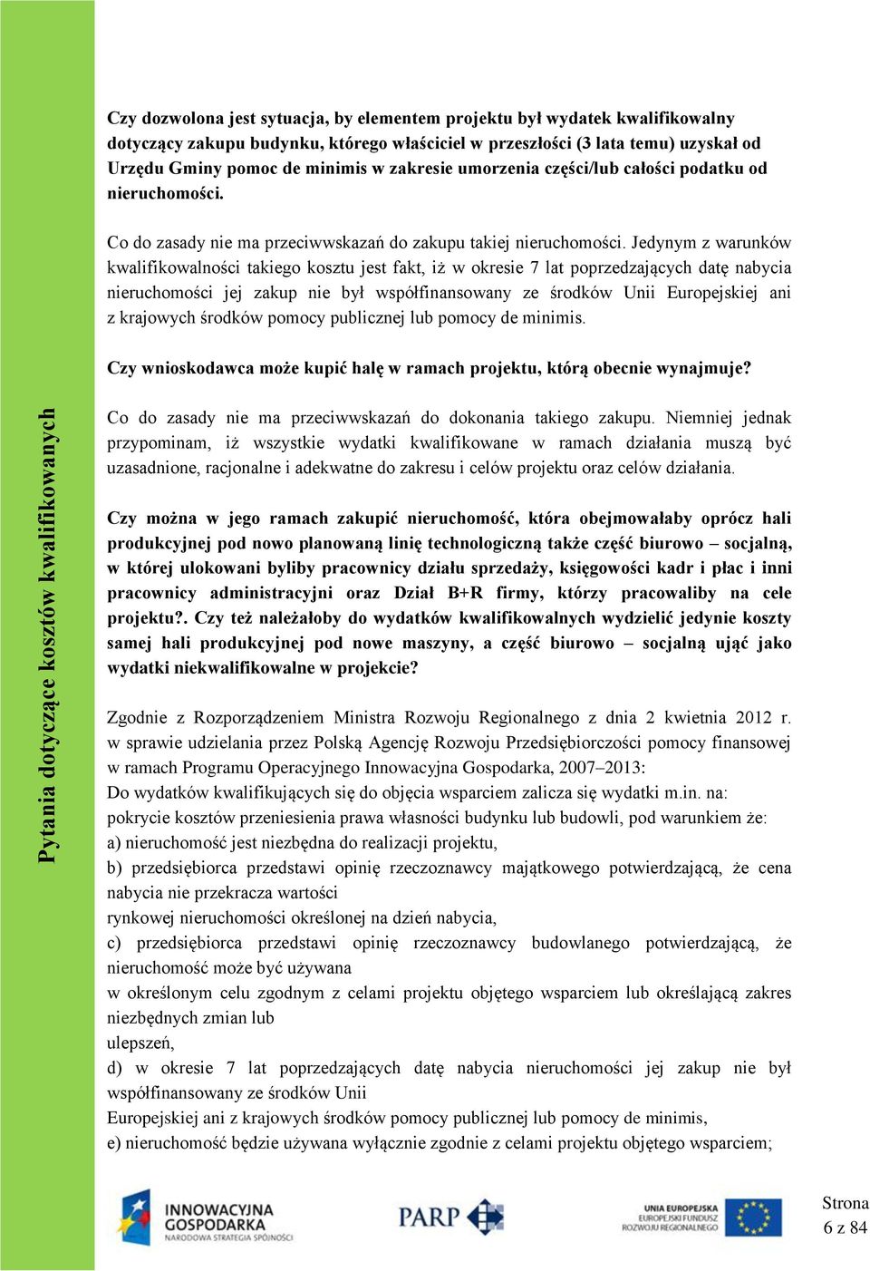 Jedynym z warunków kwalifikowalności takiego kosztu jest fakt, iż w okresie 7 lat poprzedzających datę nabycia nieruchomości jej zakup nie był współfinansowany ze środków Unii Europejskiej ani z