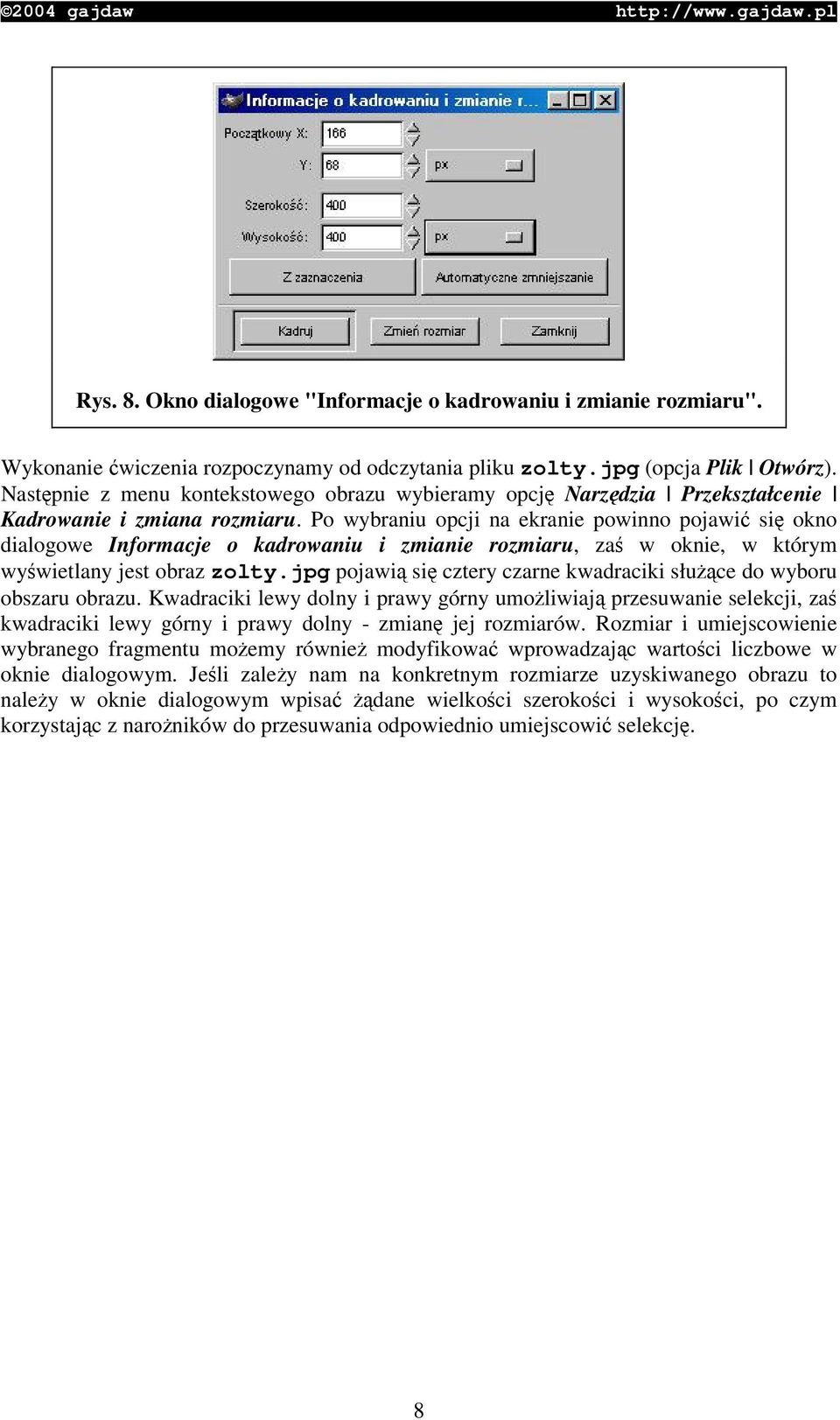 Po wybraniu opcji na ekranie powinno pojawi si okno dialogowe Informacje o kadrowaniu i zmianie rozmiaru, za w oknie, w którym wywietlany jest obraz zolty.