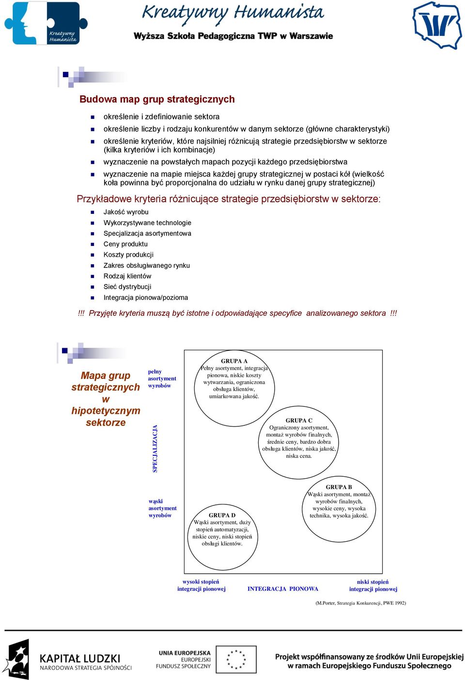 grupy strategicznej w postaci kół (wielkość koła powinna być proporcjonalna do udziału w rynku danej grupy strategicznej) Przykładowe kryteria różnicujące strategie przedsiębiorstw w sektorze: Jakość