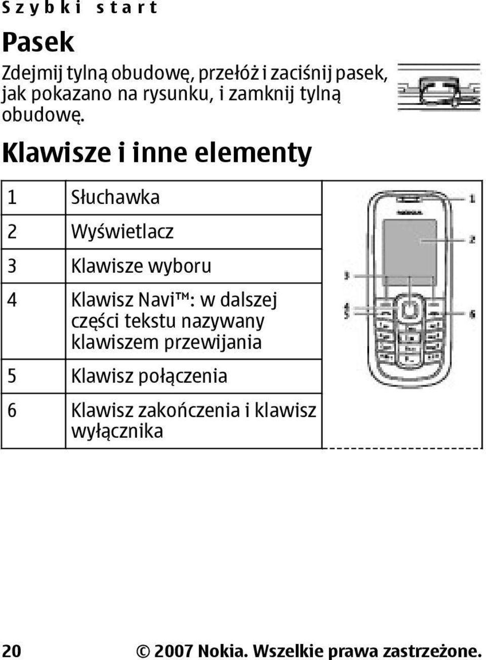 Klawisze i inne elementy 1 Słuchawka 2 Wyświetlacz 3 Klawisze wyboru 4 Klawisz Navi : w