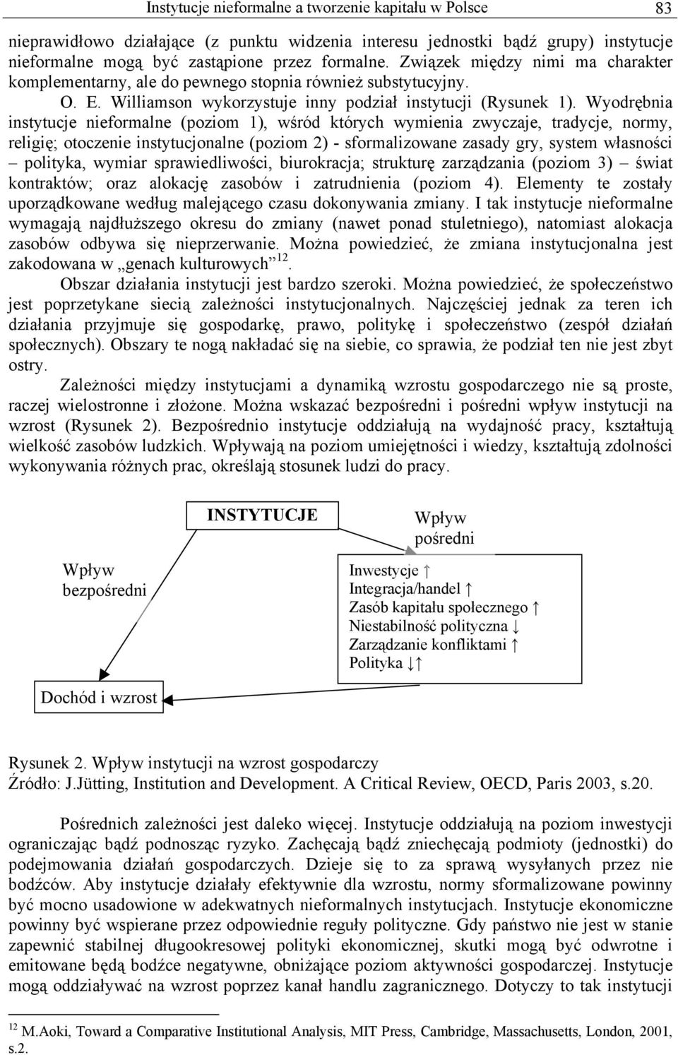 Wyodrębnia instytucje nieformalne (poziom 1), wśród których wymienia zwyczaje, tradycje, normy, religię; otoczenie instytucjonalne (poziom 2) - sformalizowane zasady gry, system własności polityka,