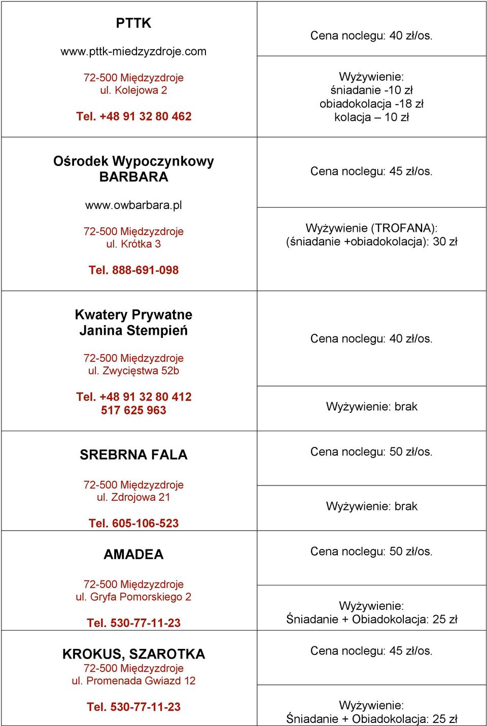 Krótka 3 Wyżywienie (TROFANA): (śniadanie +obiadokolacja): 30 zł Tel. 888-691-098 Kwatery Prywatne Janina Stempień ul. Zwycięstwa 52b Cena noclegu: 40 zł/os. Tel. +48 91 32 80 412 517 625 963 brak SREBRNA FALA ul.