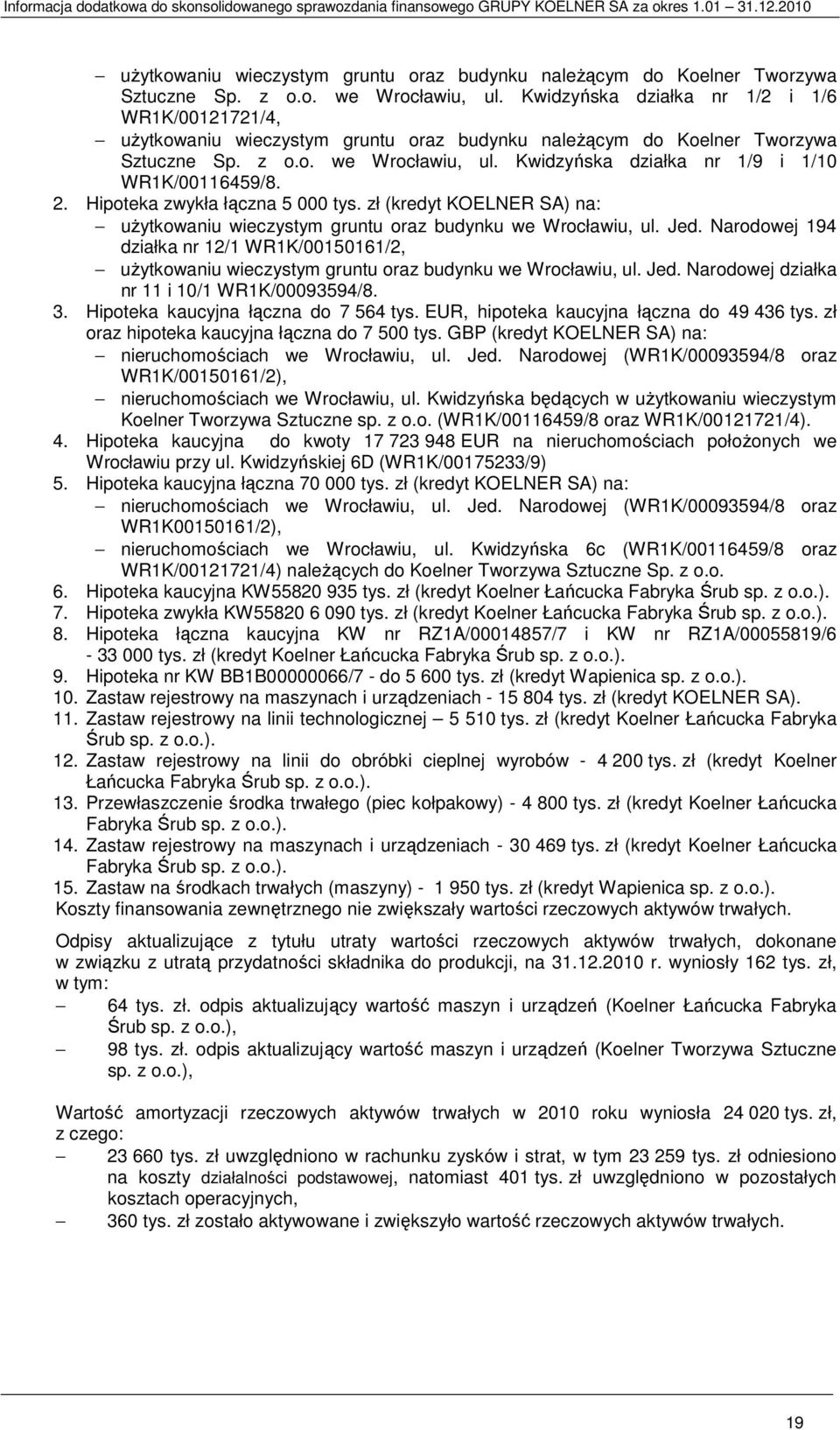 zł (kredyt KOELNER SA) na: uŝytkowaniu wieczystym gruntu oraz budynku we Wrocławiu, ul. Jed. Narodowej 194 działka nr 12/1 WR1K/00150161/2, uŝytkowaniu wieczystym gruntu oraz budynku we Wrocławiu, ul.