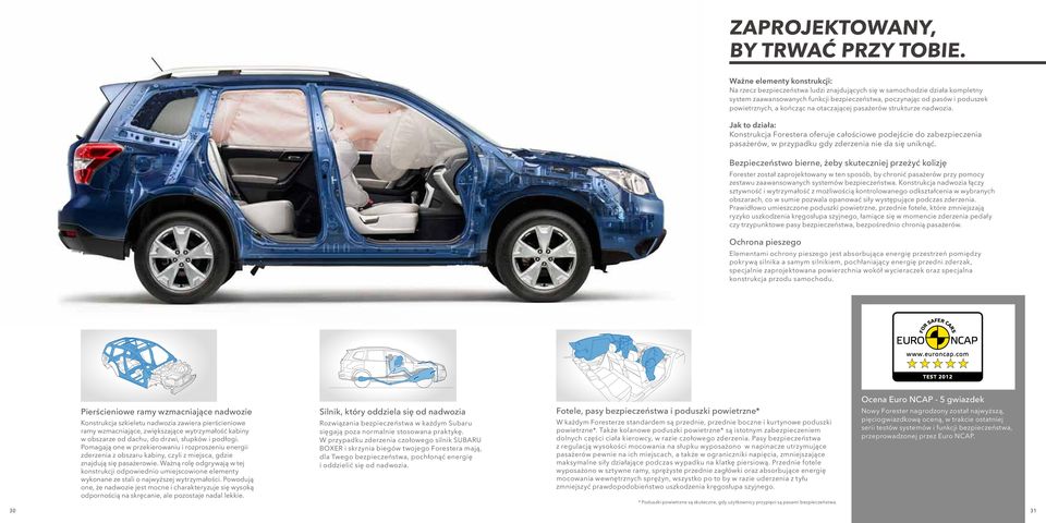 kończąc na otaczającej pasażerów strukturze nadwozia. Jak to działa: Konstrukcja Forestera oferuje całościowe podejście do zabezpieczenia pasażerów, w przypadku gdy zderzenia nie da się uniknąć.