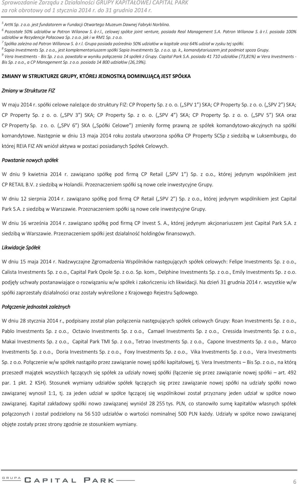 z o.o. sp. k., komandytariuszem jest podmiot spoza Grupy. 9 Vera Investments - Bis Sp. z o.o. powstała w wyniku połączenia 14 spółek z Grupy. Capital Park S.A.