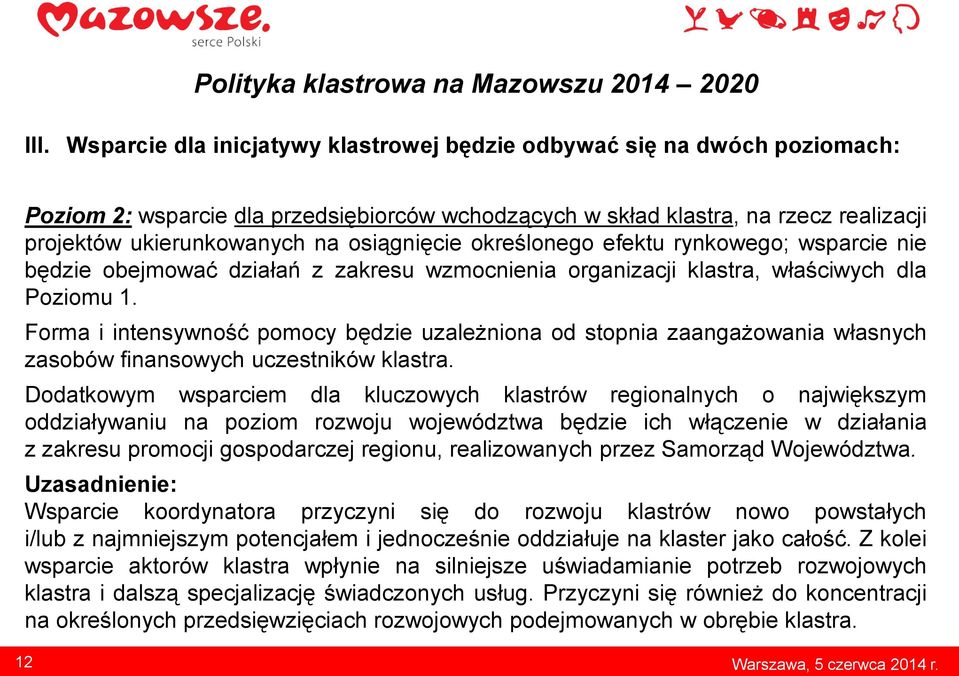 osiągnięcie określonego efektu rynkowego; wsparcie nie będzie obejmować działań z zakresu wzmocnienia organizacji klastra, właściwych dla Poziomu 1.