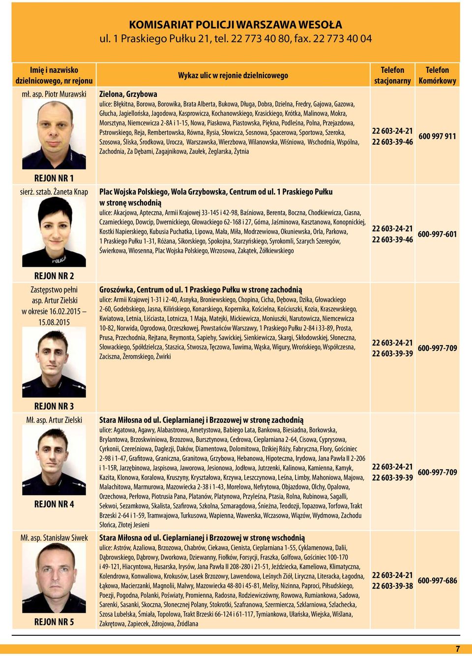 Jagodowa, Kasprowicza, Kochanowskiego, Krasickiego, Krótka, Malinowa, Mokra, Morsztyna, Niemcewicza 2-8A i 1-15, Nowa, Piaskowa, Piastowska, Piękna, Podleśna, Polna, Przejazdowa, Pstrowskiego, Reja,