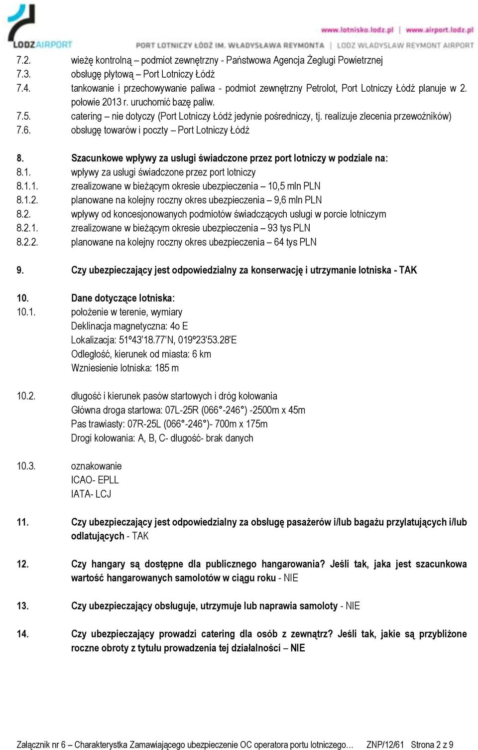 realizuje zlecenia przewoźników) 7.6. obsługę towarów i poczty Port Lotniczy Łódź 8. Szacunkowe wpływy za usługi świadczone przez port lotniczy w podziale na: 8.1.