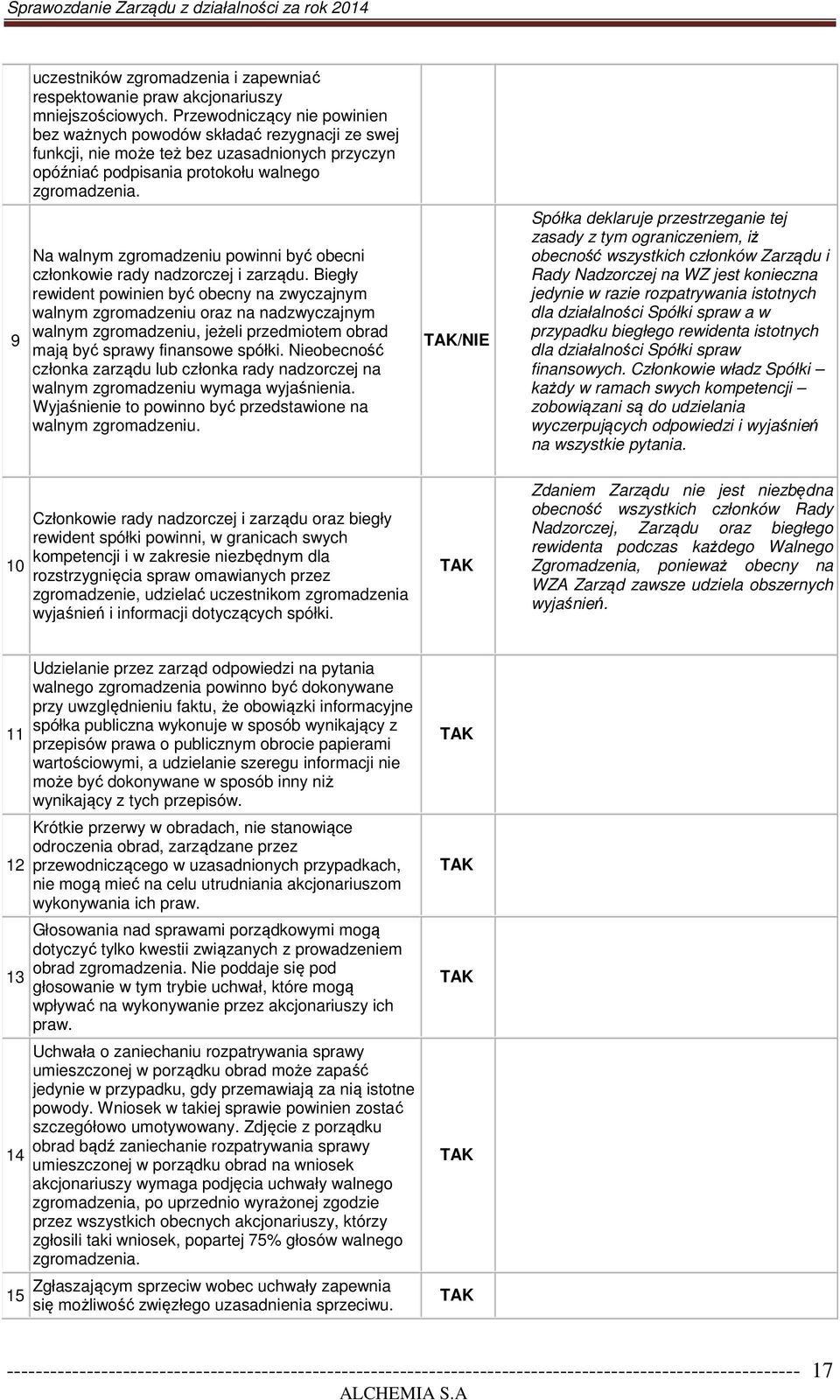 9 Na walnym zgromadzeniu powinni być obecni członkowie rady nadzorczej i zarządu.