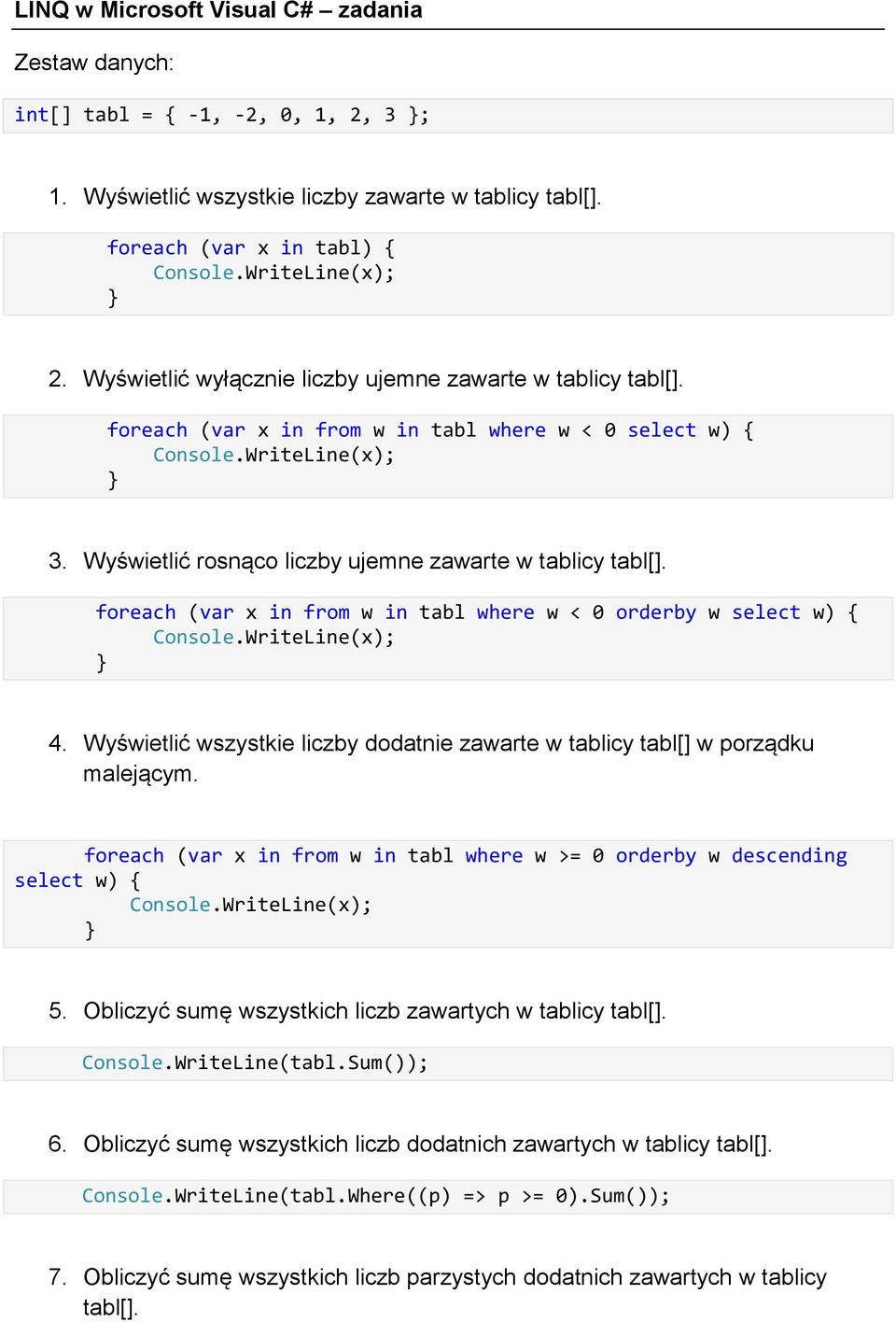 foreach (var x in from w in tabl where w < 0 orderby w select w) 4. Wyświetlić wszystkie liczby dodatnie zawarte w tablicy tabl[] w porządku malejącym.