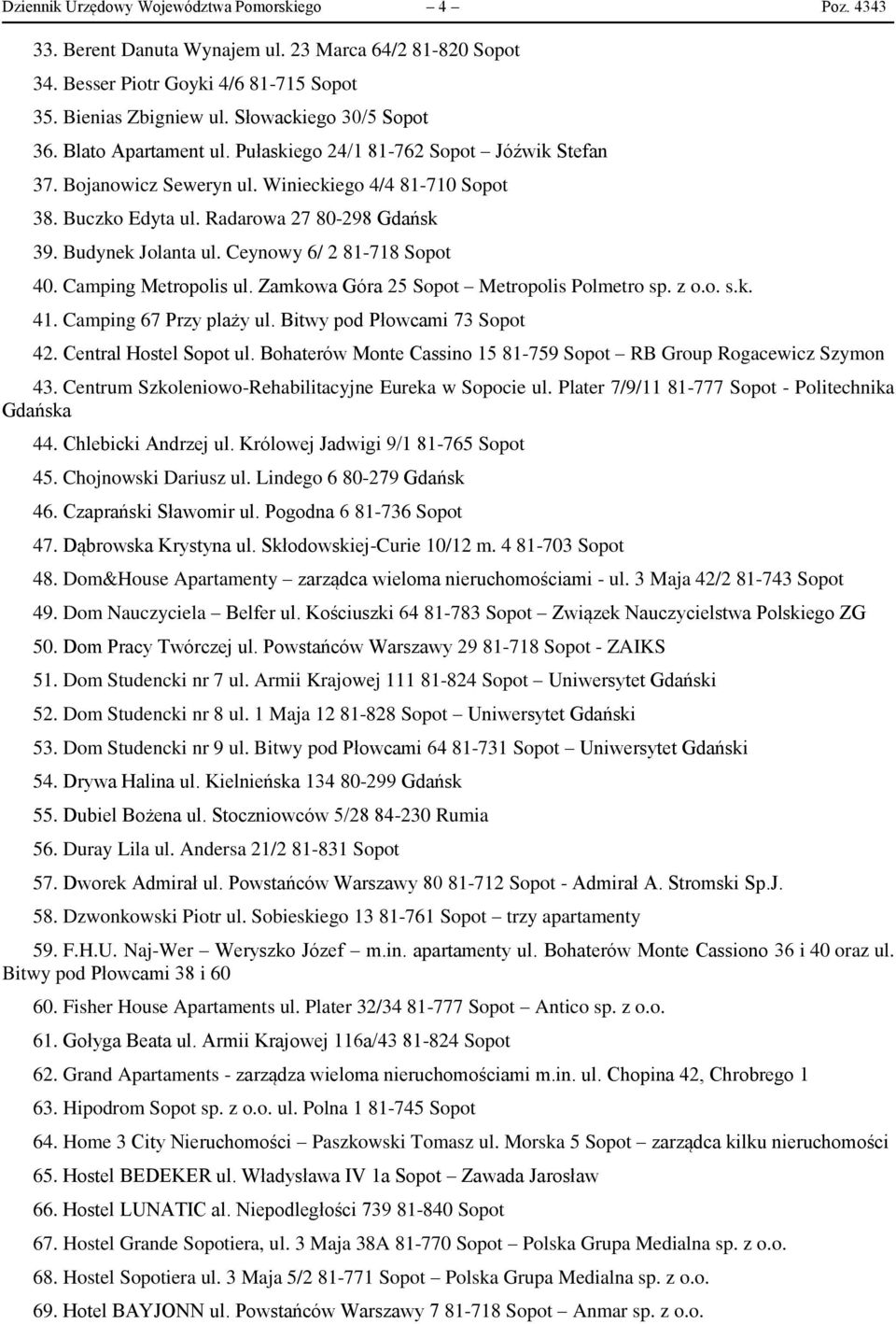 Budynek Jolanta ul. Ceynowy 6/ 2 81-718 Sopot 40. Camping Metropolis ul. Zamkowa Góra 25 Sopot Metropolis Polmetro sp. z o.o. s.k. 41. Camping 67 Przy plaży ul. Bitwy pod Płowcami 73 Sopot 42.