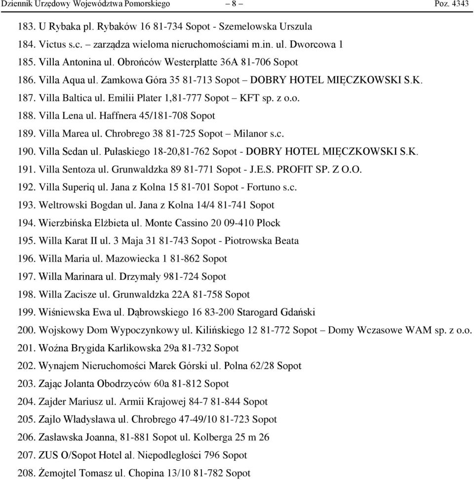 o. 188. Villa Lena ul. Haffnera 45/181-708 Sopot 189. Villa Marea ul. Chrobrego 38 81-725 Sopot Milanor s.c. 190. Villa Sedan ul. Pułaskiego 18-20,81-762 Sopot - DOBRY HOTEL MIĘCZKOWSKI S.K. 191.
