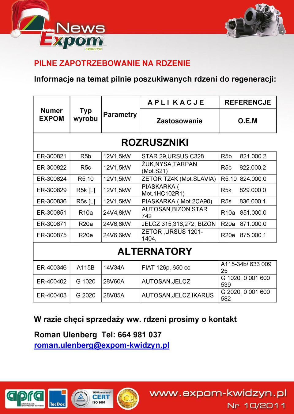 2CA90) R5s 836.000.1 ER-300851 R10a 24V4,8kW AUTOSAN,BIZON,STAR 742 R10a 851.000.0 ER-300871 R20a 24V6,6kW JELCZ 315,316,272, BIZON R20a 871.000.0 ER-300875 R20e 24V6,6kW ZETOR,URSUS 1201-1404, R20e 875.