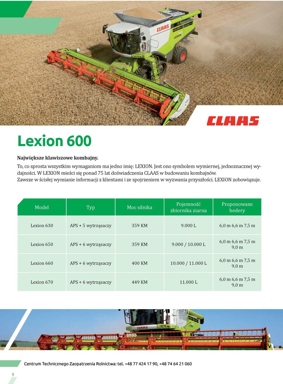 Model Typ Moc silnika Pojemność zbiornika ziarna Proponowane hedery Lexion 630 APS + 5 wytrząsaczy 359 KM 9.000 L 6,0 m 6,6 m 7,5 m Lexion 650 APS + 6 wytrząsaczy 359 KM 9.000 / 10.