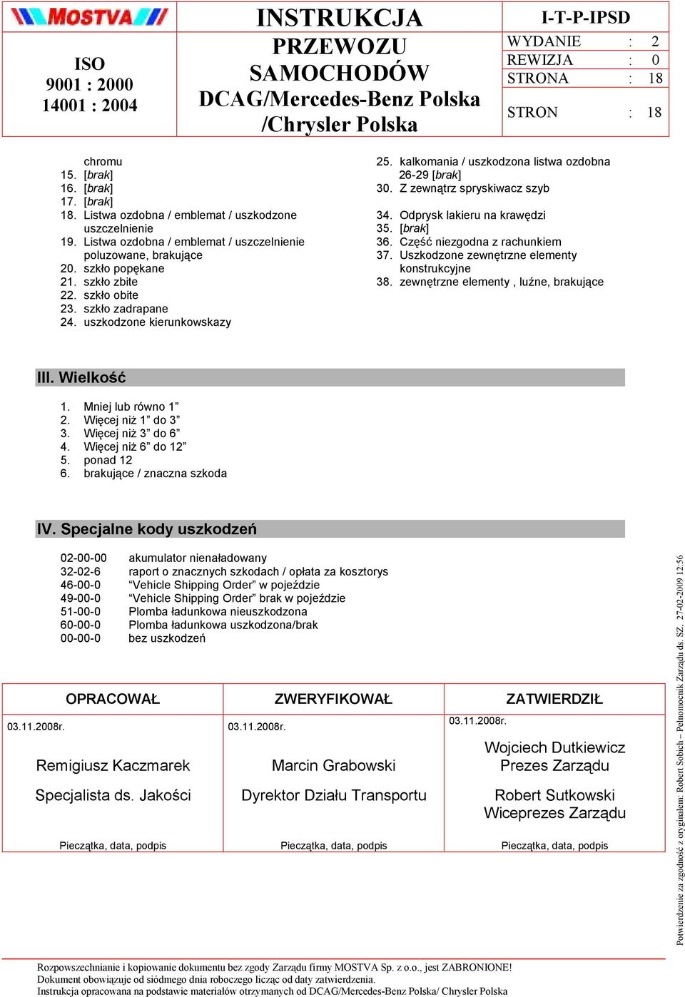 Odprysk lakieru na krawędzi 35. [brak] 36. Część niezgodna z rachunkiem 37. Uszkodzone zewnętrzne elementy konstrukcyjne 38. zewnętrzne elementy, luźne, brakujące III. Wielkość 1. Mniej lub równo 1 2.